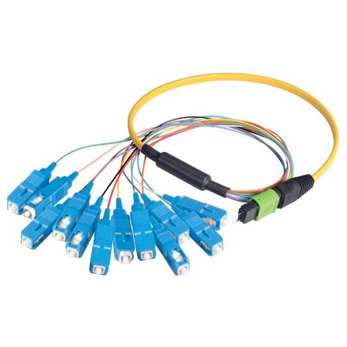 MPO Male to 12x SC Fan-out, 12 Fiber Ribbon, 9/125 Singlemode, OFNR Jacket, Yellow, 5.0m