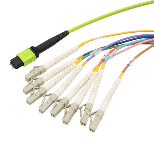 MPO w/ pins to FLC Fan-out, 8 fiber round,OM5 50/125um Multimode, LSZH Jacket, Lime Green, 5 meter