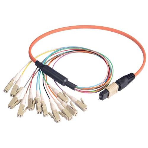 MPO Male to 12x LC Fan-out, 12 Fiber Ribbon, OM2 50/125 Multimode, OFNR Jacket, Orange, 1.0m