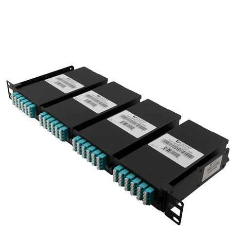 MPO male w/ pins pullable rack mount chassis with 4 LGX cassettes, 96 LC Multimode fiber OM4