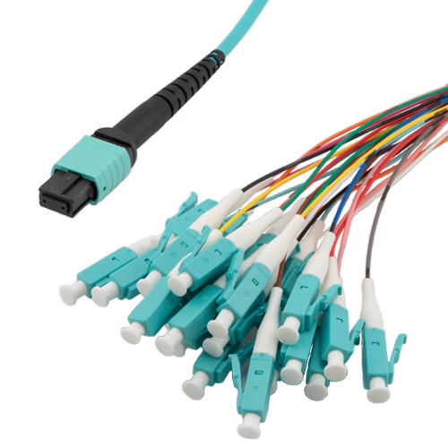 MPO w/o pins to LC fan-out, 0.9mm diameter, 24 fiber, OM3 50/125um Multimode, OFNP Jacket, Aqua, 1 meter