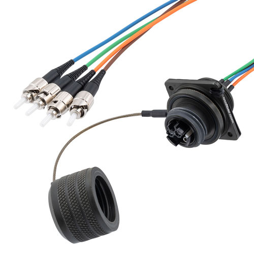 4 Channel TFOCA 2 Flange Mount Receptacle to ST/UPC, Multimode OM2, 7.5mm Tactical cable assembly, 3 meter, 18in (0.4572M) breakout