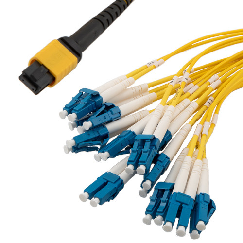 MPO w/o pins to LC fan-out, 2.0mm diameter, 24 fiber, OS2 9/125um Single Mode, OFNP Jacket, Aqua, 10 meter