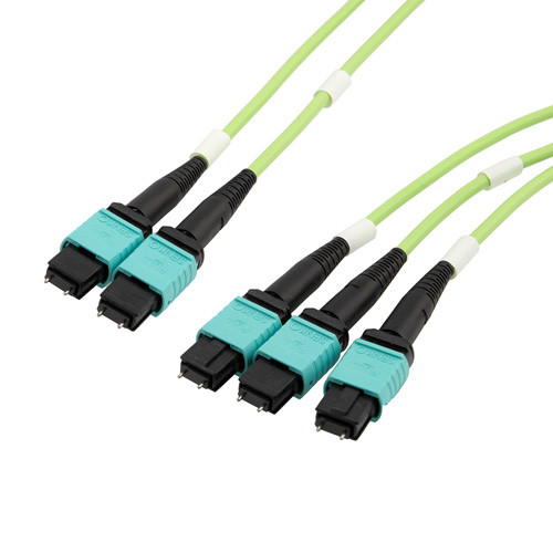 Fiber Aggregation Conversion Harness, 3xMPO8 w/ pins to 2xMPO12 w/ pins, OM5 50/125um Multimode, OFNR Jacket, Lime Green, 1 meter
