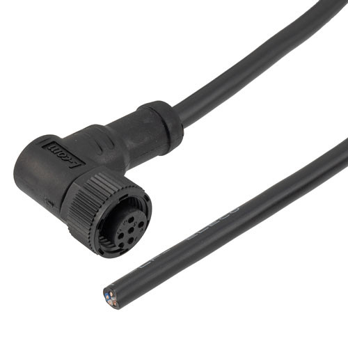 M12 5 Position A-code Right Angle Female to Open Sensor Signal Cable, Light Weight Plastic Nut, 22AWG, PVC, IP68 Waterproof, Black, 1M