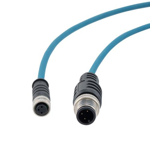 M8 3-Position Female to M12 3-Position Male IP67 A-Code Cable Assembly, Unshielded, 24 AWG, PUR Jacket, Blue, 3 Meter
