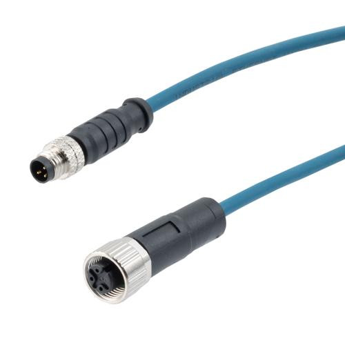M8 3-Position Male to M12 3-Position Female IP67 A-Code Cable Assembly, Unshielded, 24 AWG, PUR Jacket, Blue, 1 Meter