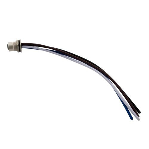 M12 DC Power 4 Pin T Code Female Receptacle, IP68 IP69K Rated, 63V, 12A, PG9 Front Panel Mount Style with 16AWG UL1015 PVC 0.2M Leads