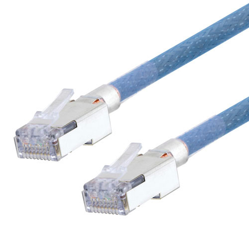 Category 5e Slim Aerospace Ethernet Cable High-Temp Double Shielded FEP Blue RJ45, 25.0ft