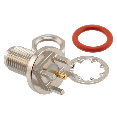 RF PCB Connector, SMA, Female,  Up to 18 GHz, Through Hole, Straight, Nickel Finish, Bulkhead, IP67 rated