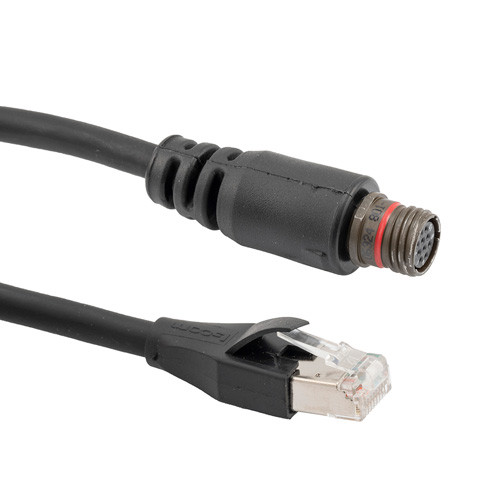 IP67 Rugged Category 5e Cable, Mighty Mouse 10 Pin Female AL-Cadmium w/ Dust Cap to RJ45 Plug, SF/UTP Double Shielded, LSZH, Black, 1.0F