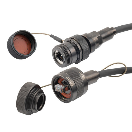 IP68 Ruggedized Cat6 Cable, Plug to Jack, E-Nickel Finish 24AWG STR CM/CMX FR-TPE BLK w/ Dust Caps, 2.0M