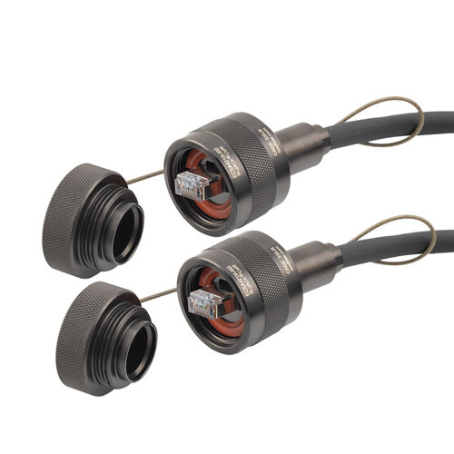 IP68 Ruggedized Cat6 Cable, Plug to Plug, E-Nickel Finish 24AWG STR CM/CMX FR-TPE BLK w/ Dust Caps, 5.0M