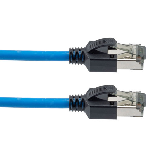 Cat 8, 40 gigabit, Ethernet Cable, S/FTP, 28 AWG, Twisted Pair, Slim Cable with Short Body Connector, Indoor, LSZH Jacket, Blue, 3-foot