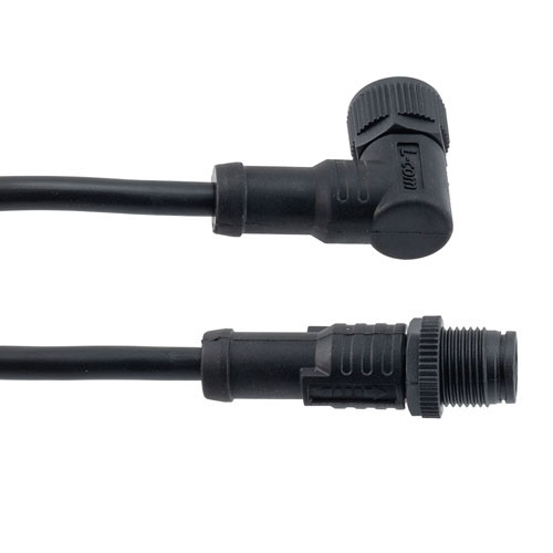 IP68 Waterproof M12 5 Position B-code, Sensor Signal Cable, Light Weight Plastic Nut, 22AWG, PVC, Male To Right Angle Female, Black, 1M