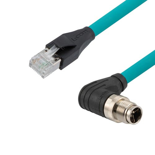 Category 6a 10g M12 IP67 8 Position X code Double Shielded SF/UTP Industrial Outdoor High Flex Cable, M12 RAM to RJ45 M, CMX TPE, TEAL, 15m