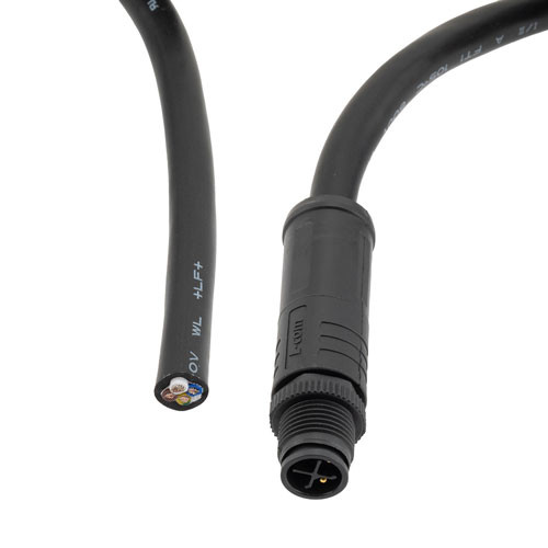 M12 4 Position IP68 S-Code Pigtail Cable Assembly, Unshielded 16AWG PVC Jacket, Male to Cut End, Black 5.0m