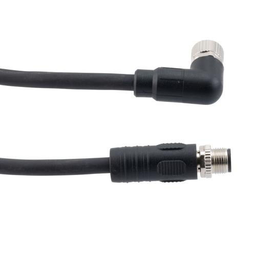 M12 4 Position IP67 L-Code Pigtail Cable Assembly, Unshielded 16AWG PUR Jacket, Male to Right Angle Female, Black 15m