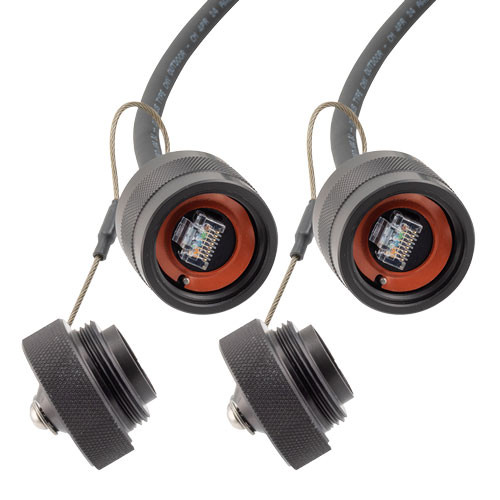 IP68 Ruggedized Cat5e Cable, RJ45, Plug to Plug, ANOD Finish w/ FR-TPE Cable & Dust Caps, 16FT