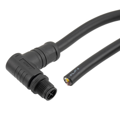M12 4 Position IP68 S-Code Pigtail Cable Assembly, Unshielded 16AWG PVC Jacket, Right Angle Male to Cut End, Black 1.0m