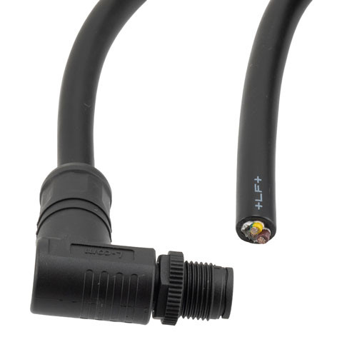 M12 4 Position IP68 S-Code Pigtail Cable Assembly, Unshielded 16AWG PVC Jacket, Right Angle Male to Cut End, Black 5.0m