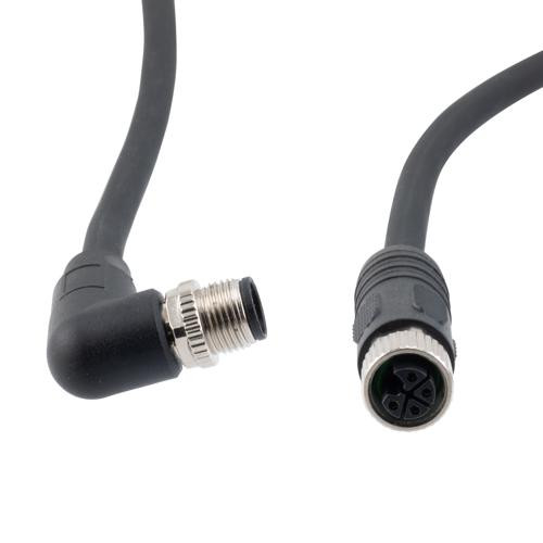 M12 4 Position IP67 L-Code Pigtail Cable Assembly, Unshielded 16AWG PUR Jacket, Right Angle Male to Female, Black 1m