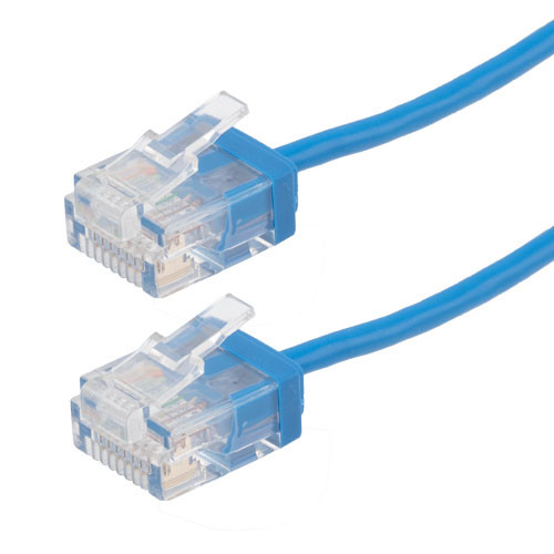 Category 6 Gigabit Super Slim Ethernet Cable Assembly, UTP, RJ45 Male/Plug, 34AWG Stranded, 2.4mm OD CM PVC, Blue, 1.0FT