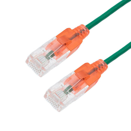Category 6a 10gig Slim Ethernet Patch Cable, UTP 30AWG, RJ45 Male Plug, CM PVC, Green, 7 Foot Length, 5 Pack
