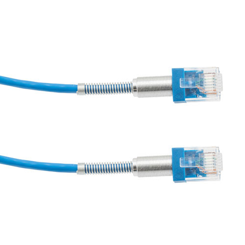 Category 6a 10gig Double Spring Slim Ethernet Cable Assembly, 30AWG Stranded, RJ45 Male Plugs with Spring Boots, CM Jacket, Blue, 50FT
