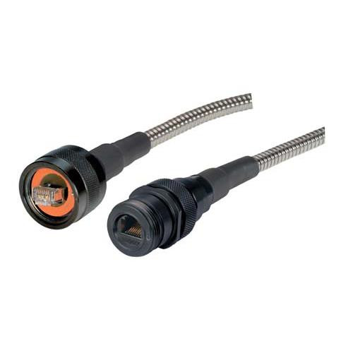 Armored IP68 Cat5e Cable, Ruggedized RJ45, Plug to Jack, ANOD w/ FR-TPE Cable & Dust Caps, 1.0m