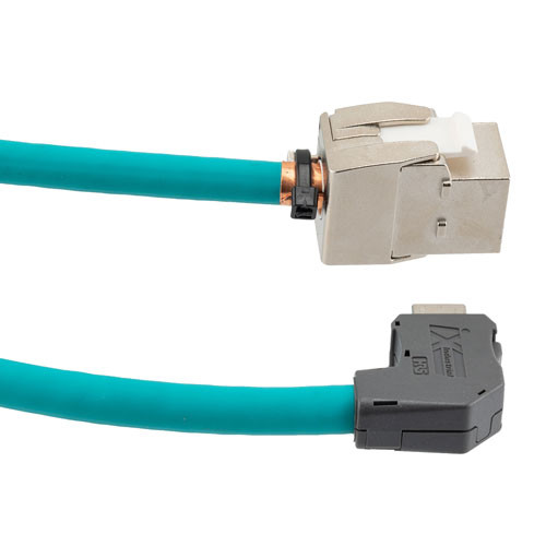 ix Industrial Assembly, Category 6a, SF/UTP, Right Angle Up ix A Plug To RJ45 Jack, 26 AWG, Industrial Outdoor High Flex, TPE, Teal, 1-meter