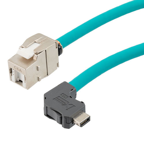 ix Industrial Assembly, Category 6a, SF/UTP, Right Angle Up ix A Plug To RJ45 Jack, 26 AWG, Industrial Outdoor High Flex, TPE, Teal, 3-meter