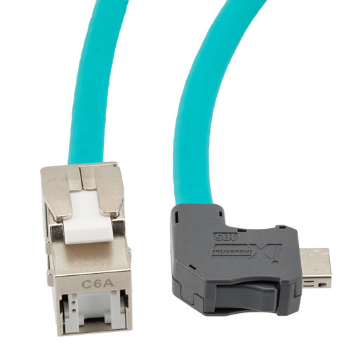 ix Industrial Assembly, Category 6a, SF/UTP, Right Angle Up ix A Plug To RJ45 Jack, 26 AWG, Industrial Outdoor High Flex, TPE, Teal, 3-meter