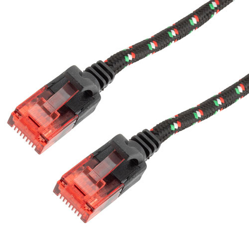 Cat6a, Ethernet Cable, U/UTP, 34 AWG, Indoor, Slim Flat Cable with Nylon Covered Jacket, Black, 10-foot