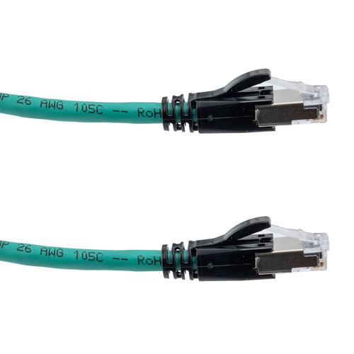Category 6a 10gig Ethernet Patch Cable, F/UTP Shielded, RJ45, HiTemp 105C CMP Plenum Jacket, 26AWG Stranded Relaxed Style, 300V, Green, 2F