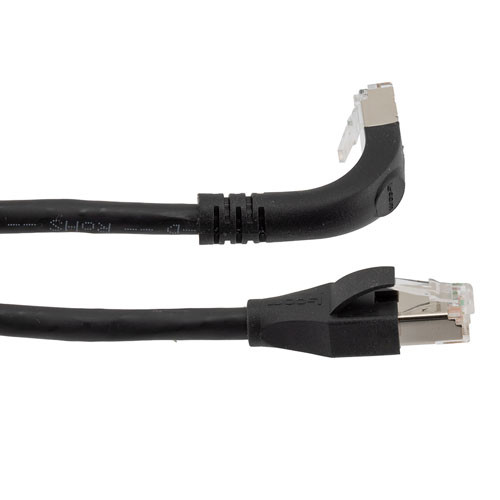 Ethernet 6a 10gig Right-Angle Patch Cable, F/UTP Shielded, 26AWG, RJ45 Straight to Down, LSZH, Black, 15 FT