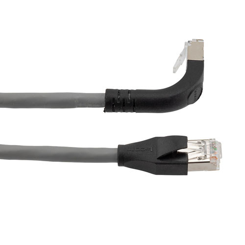 Ethernet 6a 10gig Right-Angle Patch Cable, F/UTP Shielded, 26AWG, RJ45 Straight to Down, LSZH, Gray, 3 FT