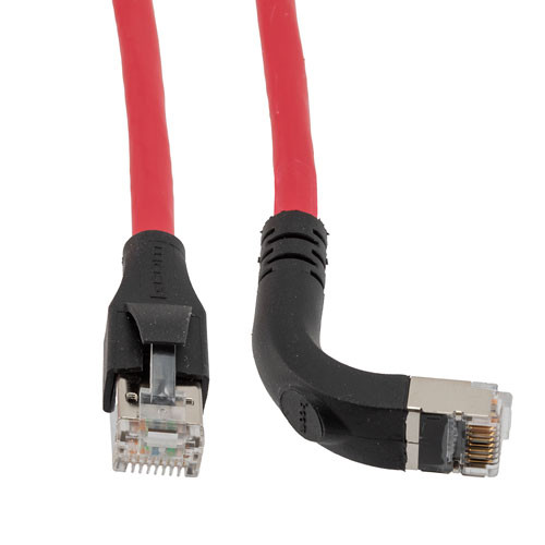 Ethernet 6a 10gig Right-Angle Patch Cable, F/UTP Shielded, 26AWG, RJ45 Straight to Down, LSZH, Red, 10 FT