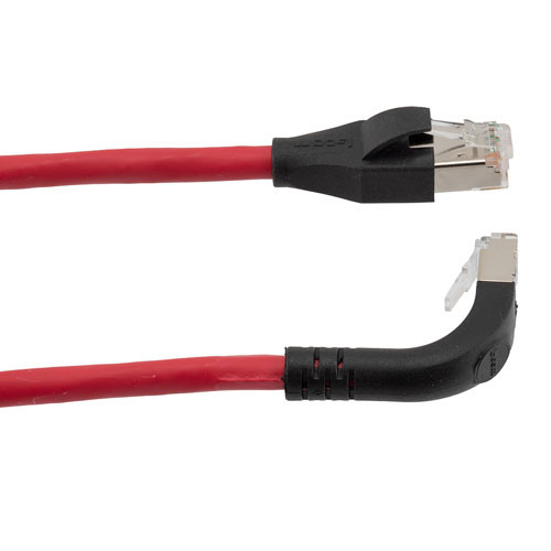 Ethernet 6a 10gig Right-Angle Patch Cable, F/UTP Shielded, 26AWG, RJ45 Straight to Down, LSZH, Red, 2 FT