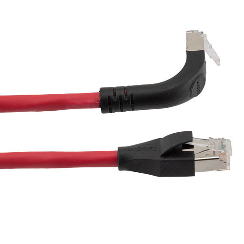 Ethernet 6a 10gig Right-Angle Patch Cable, F/UTP Shielded, 26AWG, RJ45 Straight to Up, LSZH, Red, 5 FT