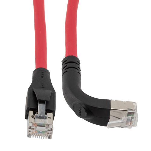 Ethernet 6a 10gig Right-Angle Patch Cable, F/UTP Shielded, 26AWG, RJ45 Straight to Up, LSZH, Red, 5 FT
