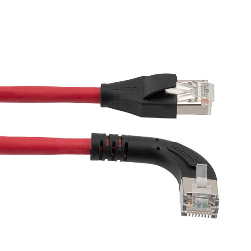 Ethernet 6a 10gig Right-Angle Patch Cable, F/UTP Shielded, 26AWG, RJ45 Straight to Left, LSZH, Red, 10 FT