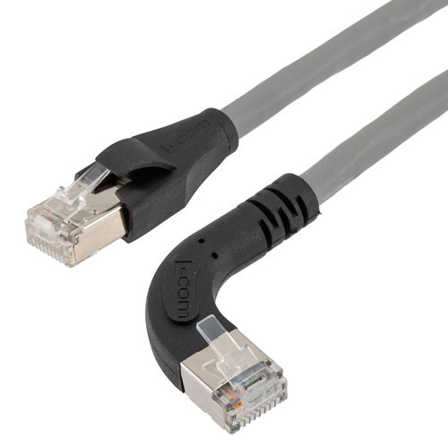 Ethernet 6a 10gig Right-Angle Patch Cable, F/UTP Shielded, 26AWG, RJ45 Straight to Right, LSZH, Gray, 20 FT
