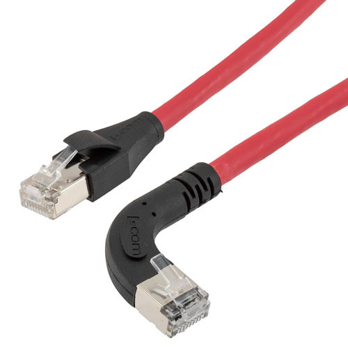 Ethernet 6a 10gig Right-Angle Patch Cable, F/UTP Shielded, 26AWG, RJ45 Straight to Right, LSZH, Red, 10 FT