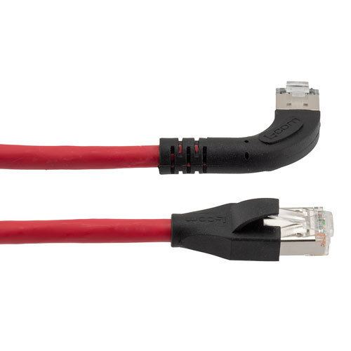 Ethernet 6a 10gig Right-Angle Patch Cable, F/UTP Shielded, 26AWG, RJ45 Straight to Right, LSZH, Red, 10 FT