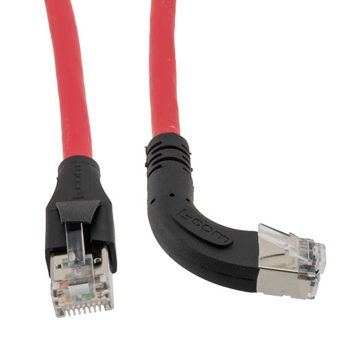 Ethernet 6a 10gig Right-Angle Patch Cable, F/UTP Shielded, 26AWG, RJ45 Straight to Right, LSZH, Red, 10 FT