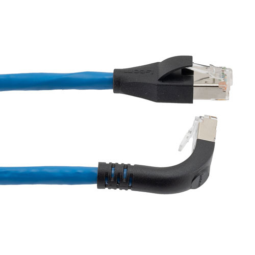 Ethernet Category 6a 10gig Right Angle Patch Cable, F/UTP Shielded, 26AWG, RJ45 Straight to Down, CMX PVC, Blue, 2.0 ft