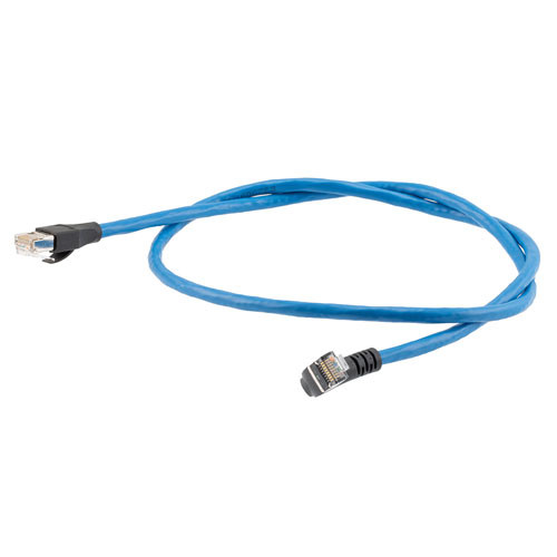 Ethernet Category 6a 10gig Right Angle Patch Cable, F/UTP Shielded, 26AWG, RJ45 Straight to Down, CMX PVC, Blue, 5.0 ft