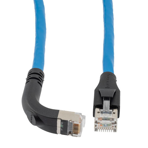 Ethernet Category 6a 10gig Right Angle Patch Cable, F/UTP Shielded, 26AWG, RJ45 Straight to Down, CMX PVC, Blue, 7.0 ft