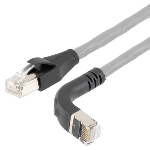 Ethernet Category 6a 10gig Right Angle Patch Cable, F/UTP Shielded, 26AWG, RJ45 Straight to Down, CMX PVC, Gray, 1.0 ft